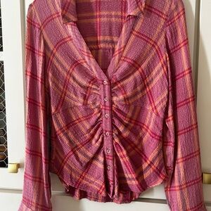 Pilcro Anthropologie Pink and Orange Plaid Blouse